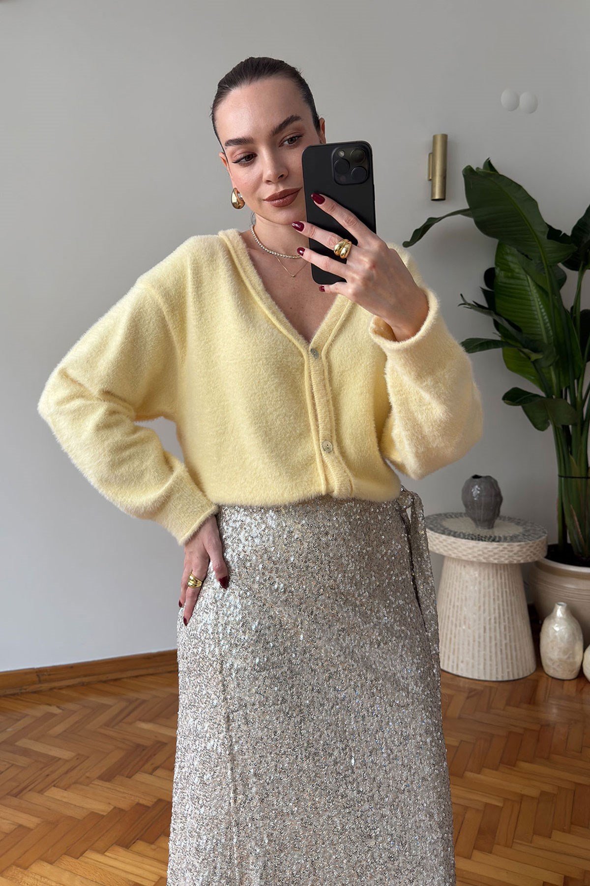 Premium 4 Düğmeli Angora Hırka- SARI