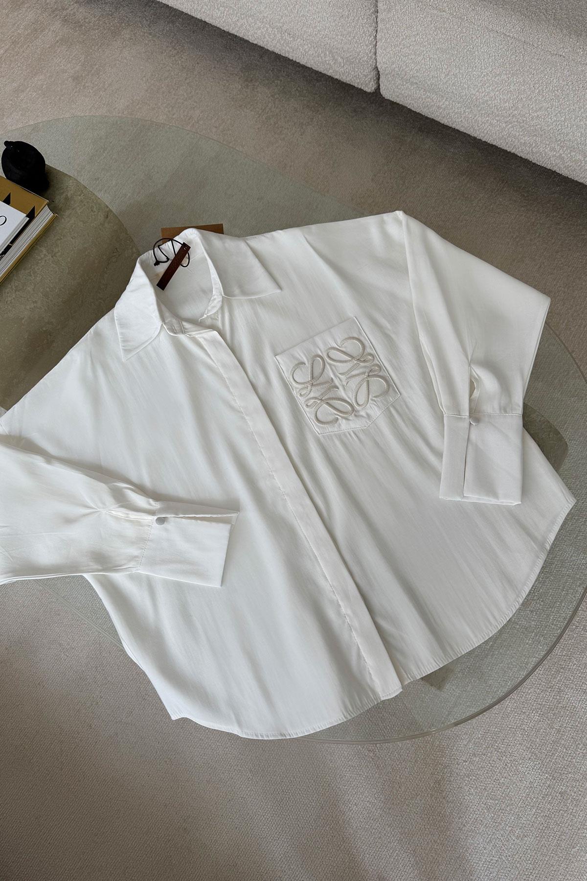 Premium Cebi Nakışlı Oversize Gömlek- EKRU