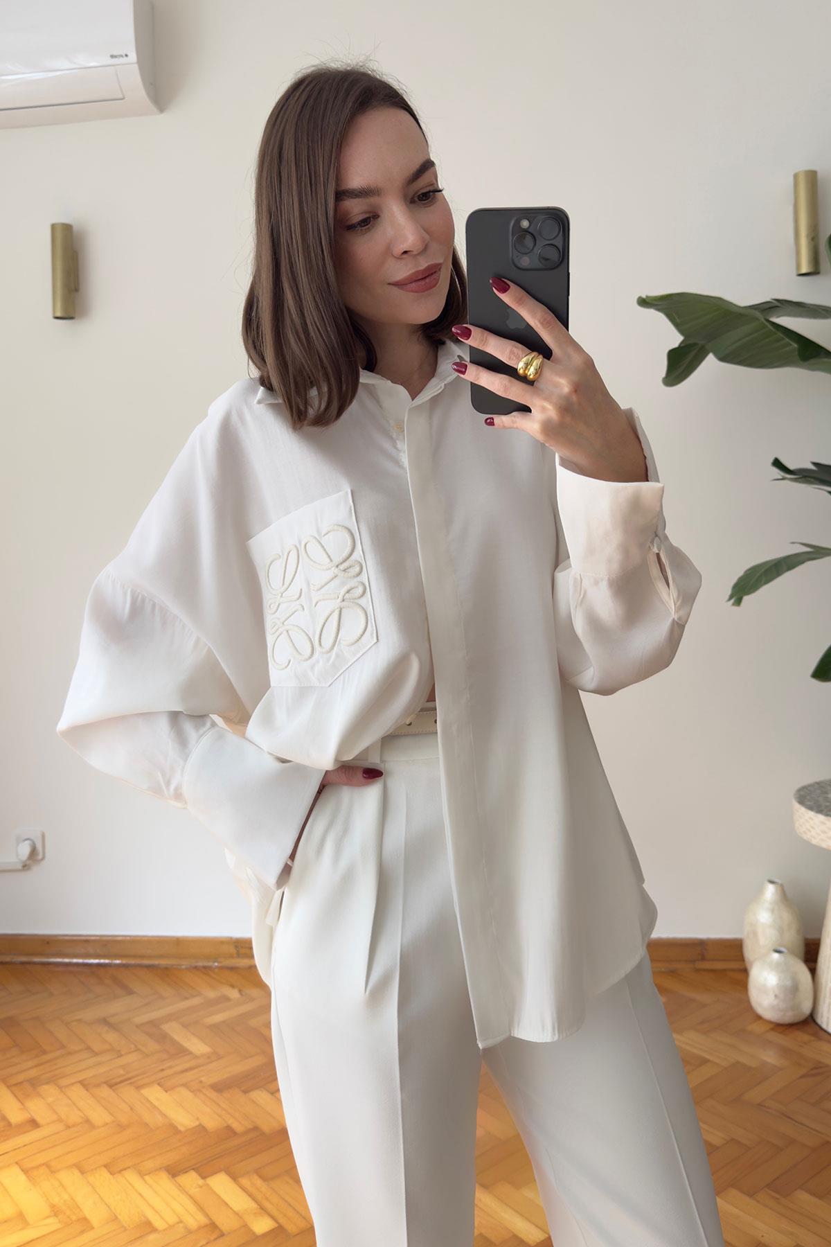 Premium Cebi Nakışlı Oversize Gömlek- EKRU