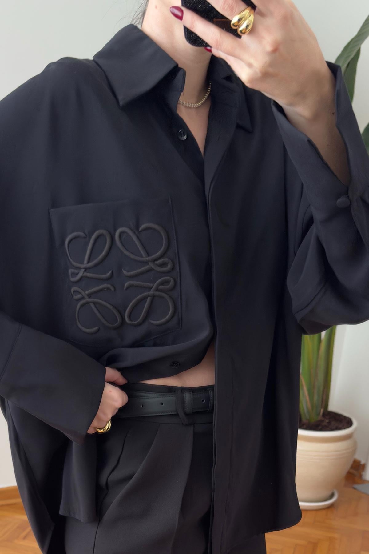 Premium Cebi Nakışlı Oversize Gömlek- SİYAH