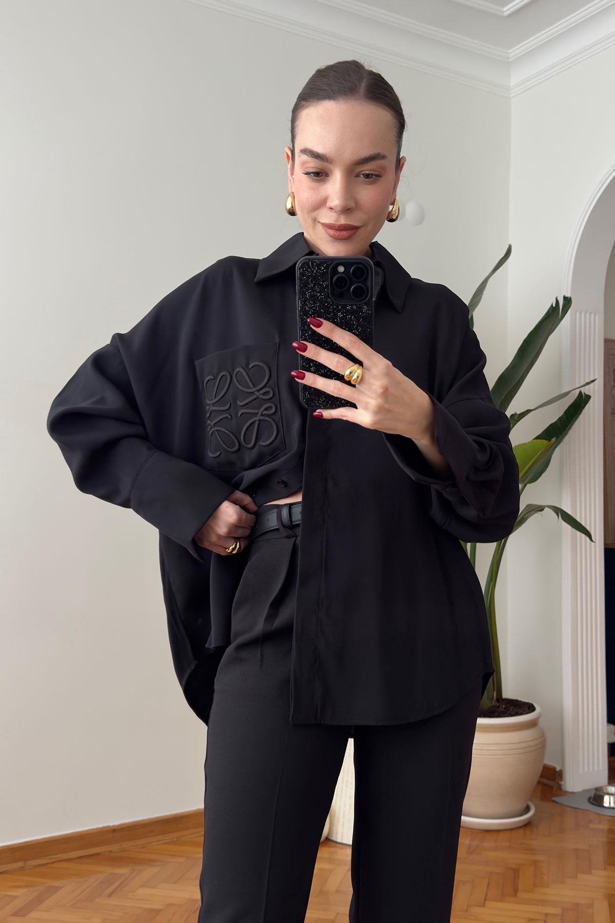 Premium Cebi Nakışlı Oversize Gömlek- SİYAH