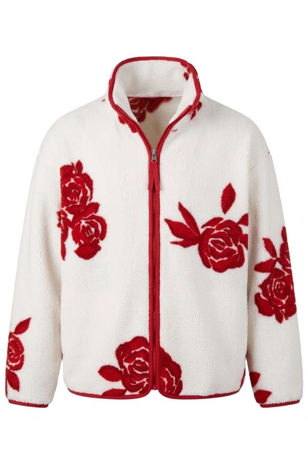 PREMİUM ÇİÇEK DESENLİ FERMUARLI POLAR HIRKA- KIRMIZI