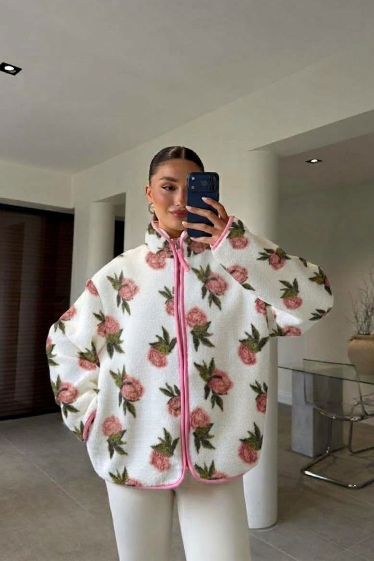 PREMİUM ÇİÇEK DESENLİ FERMUARLI POLAR HIRKA- PEMBE