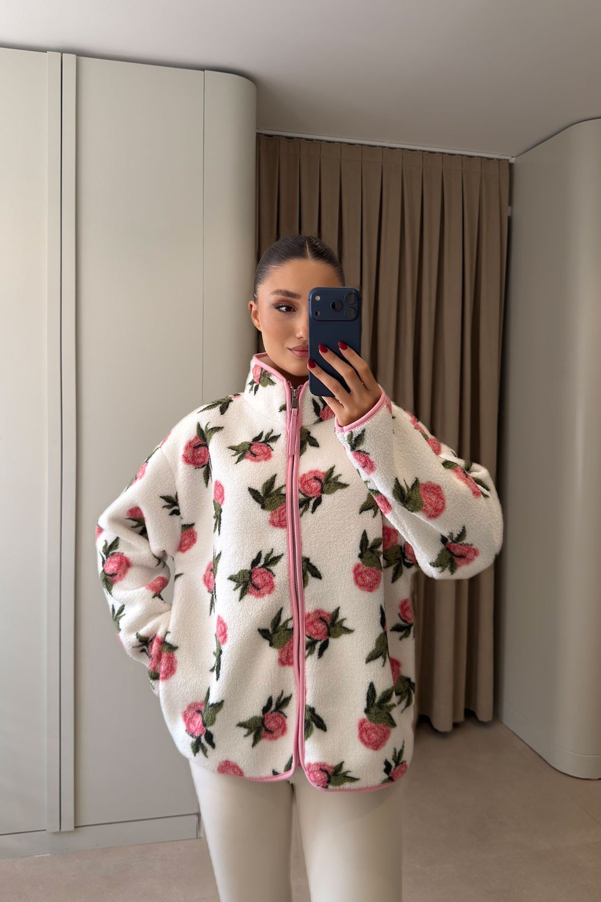 PREMİUM ÇİÇEK DESENLİ FERMUARLI POLAR HIRKA- PEMBE