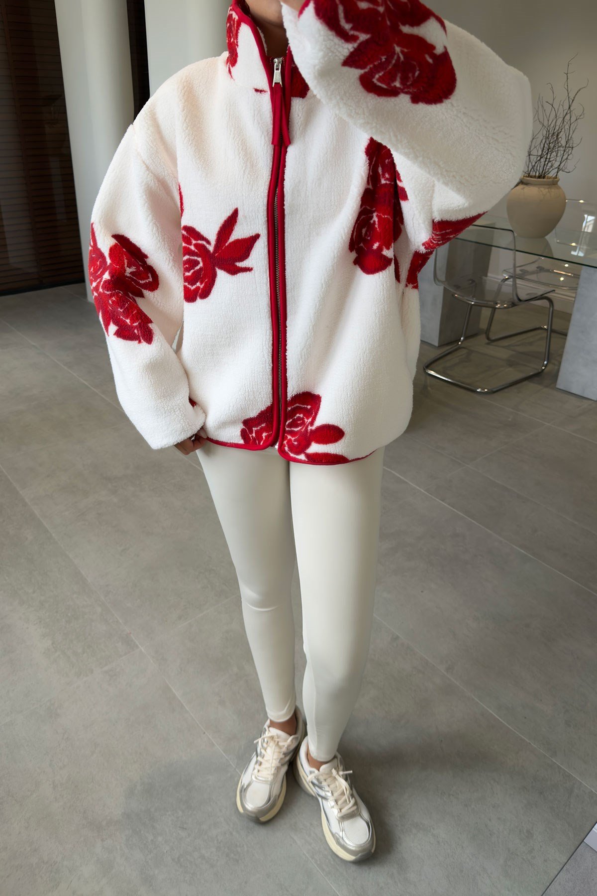PREMİUM ÇİÇEK DESENLİ FERMUARLI POLAR HIRKA- KIRMIZI