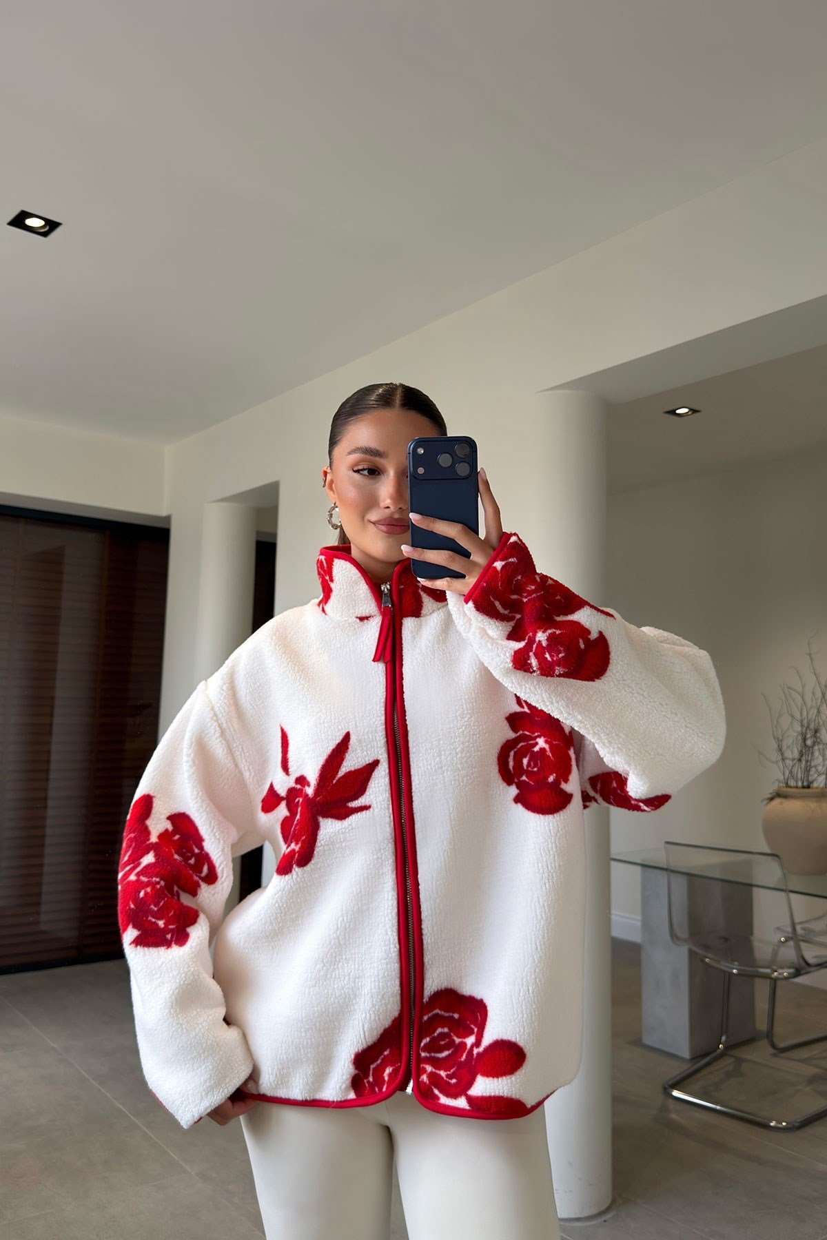 PREMİUM ÇİÇEK DESENLİ FERMUARLI POLAR HIRKA- KIRMIZI