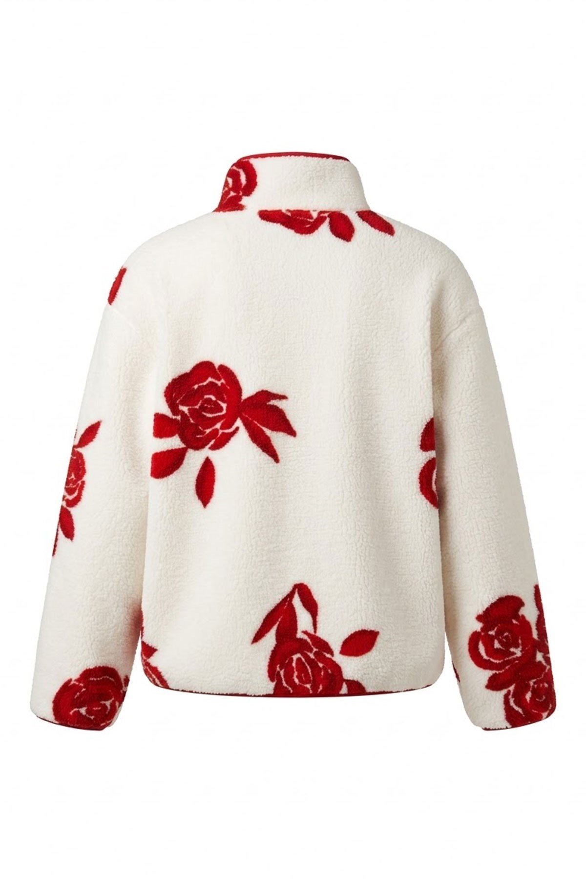 PREMİUM ÇİÇEK DESENLİ FERMUARLI POLAR HIRKA- KIRMIZI