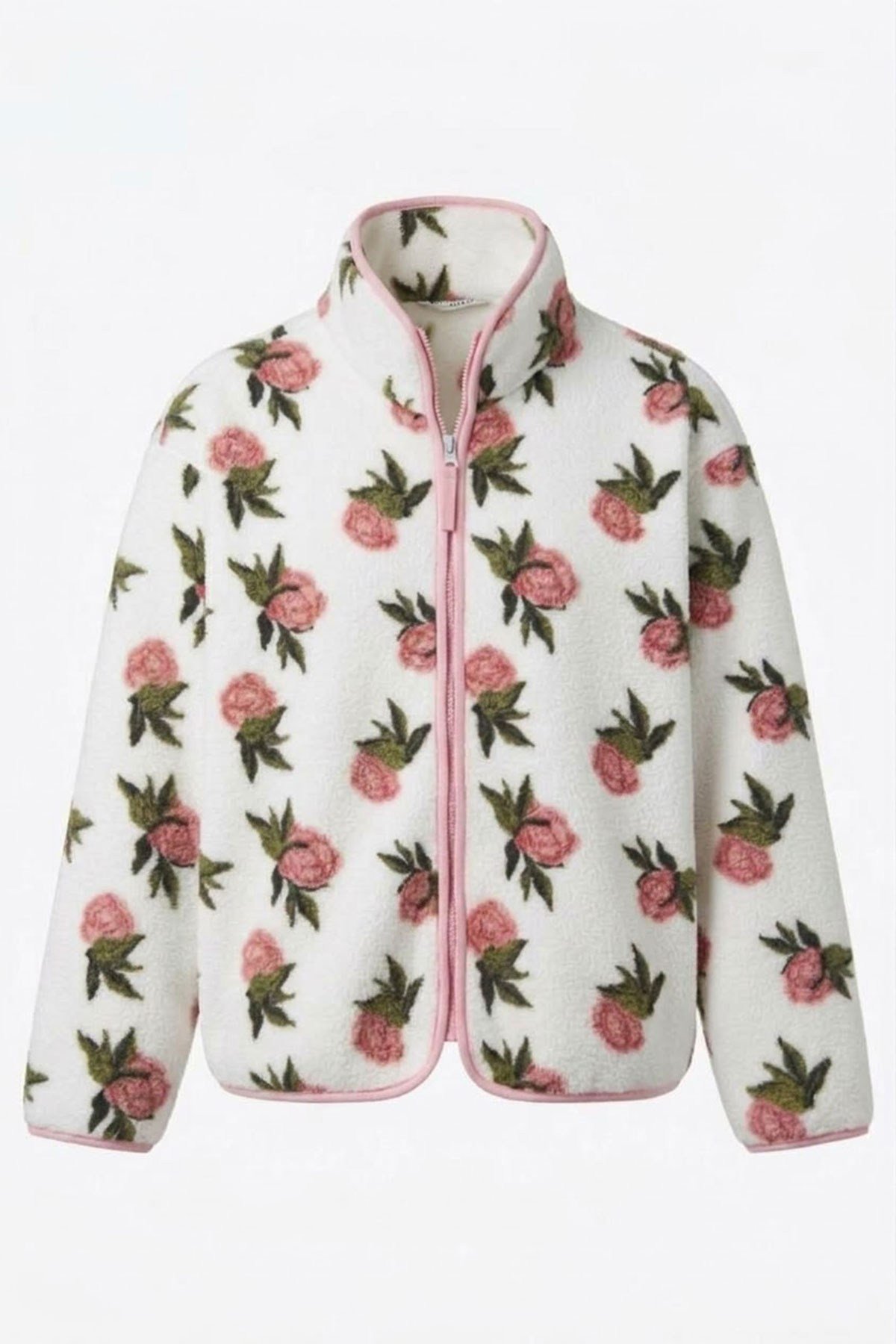 PREMİUM ÇİÇEK DESENLİ FERMUARLI POLAR HIRKA- PEMBE