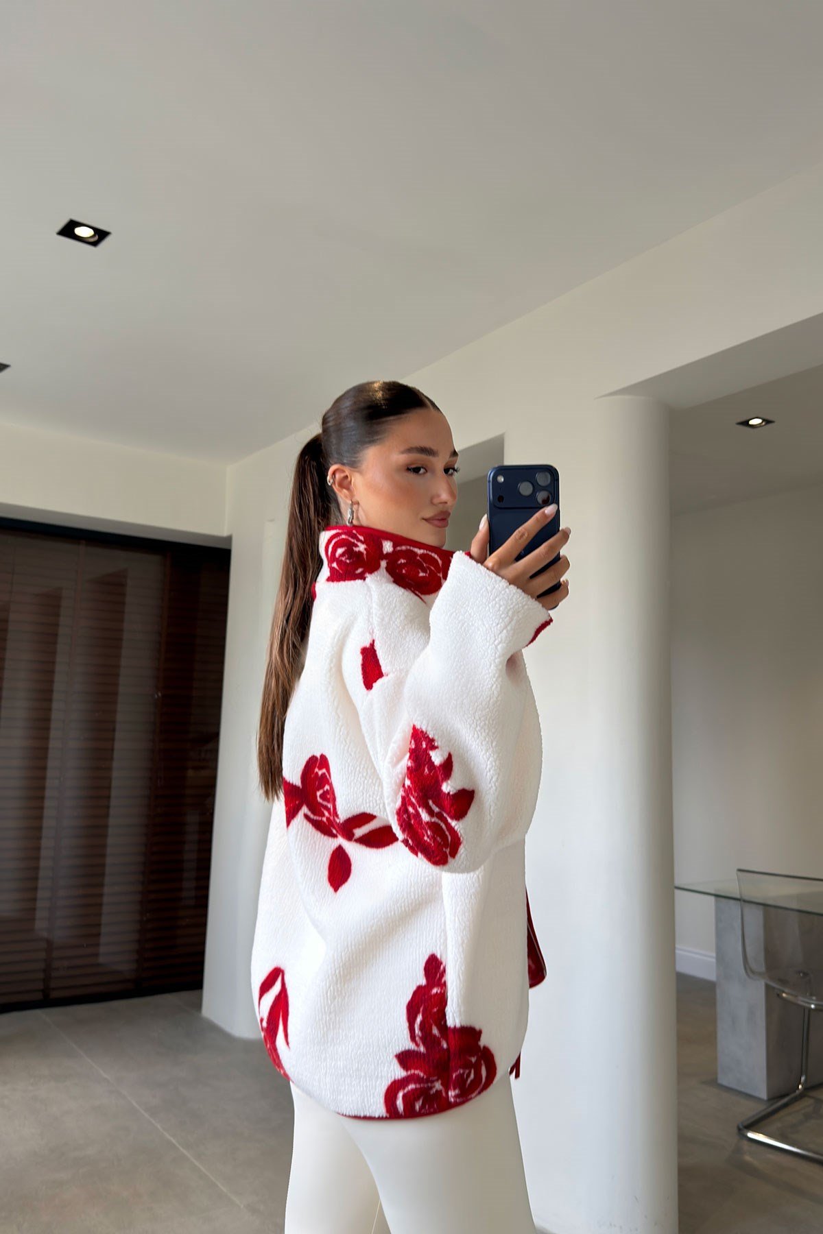PREMİUM ÇİÇEK DESENLİ FERMUARLI POLAR HIRKA- KIRMIZI