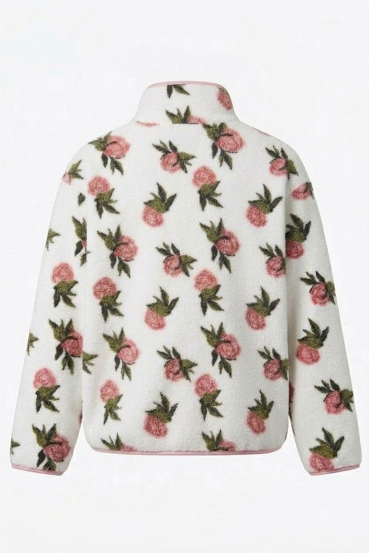 PREMİUM ÇİÇEK DESENLİ FERMUARLI POLAR HIRKA- PEMBE