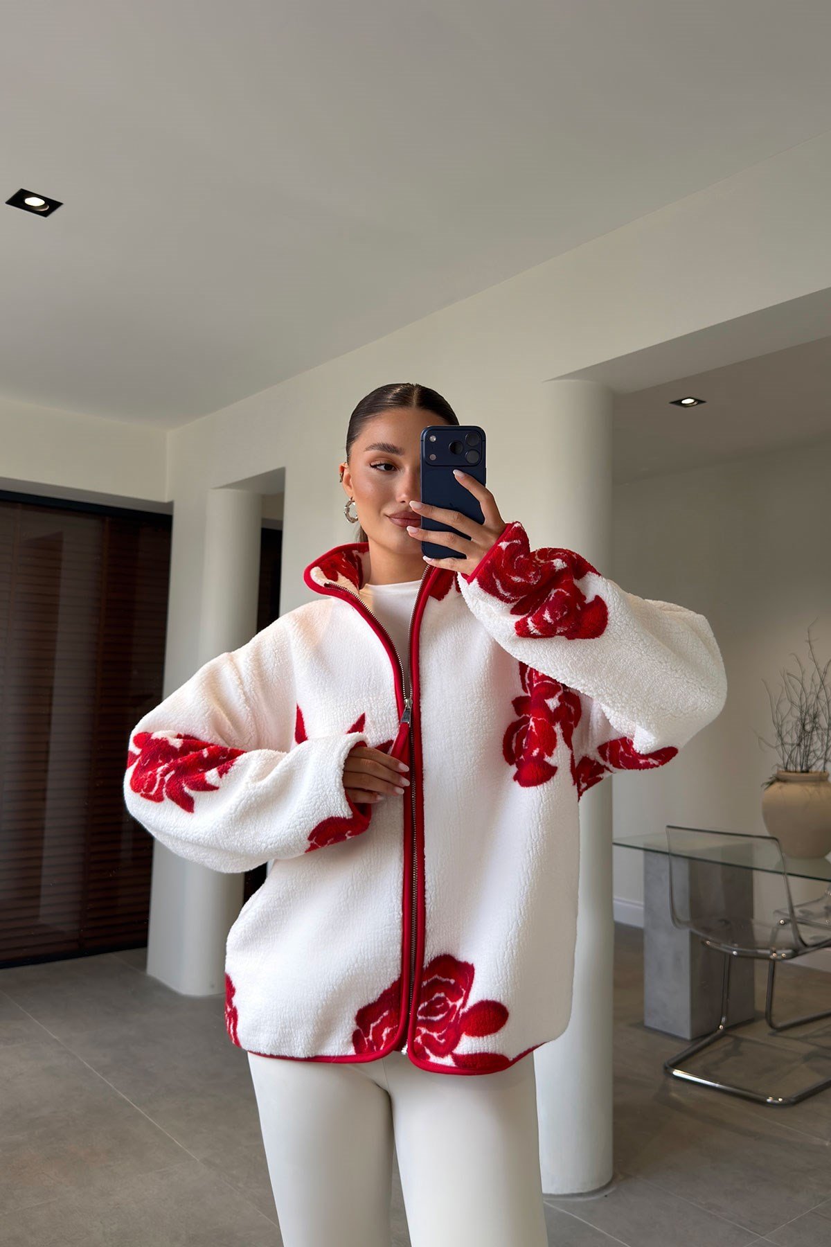 PREMİUM ÇİÇEK DESENLİ FERMUARLI POLAR HIRKA- KIRMIZI
