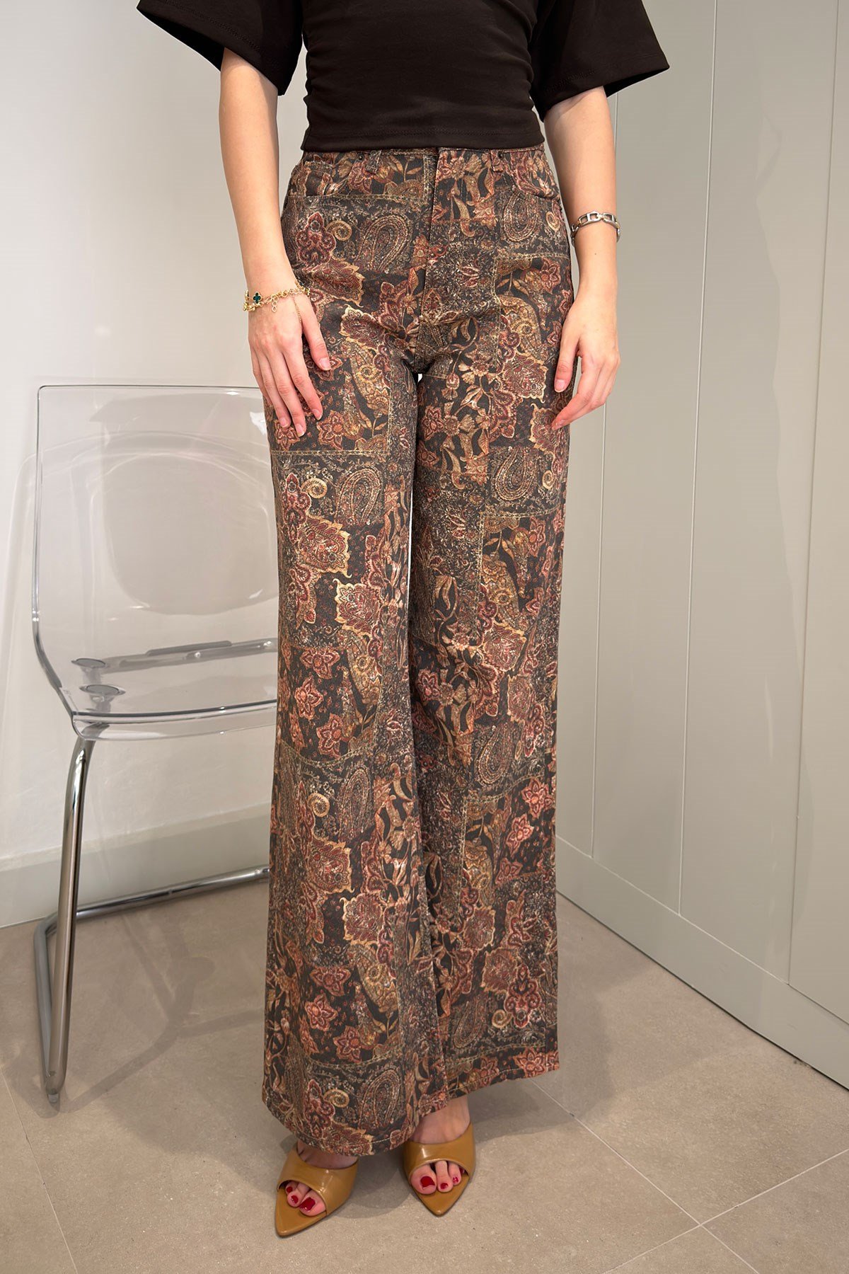Premium Çiçek Desenli Pantolun- BORDO