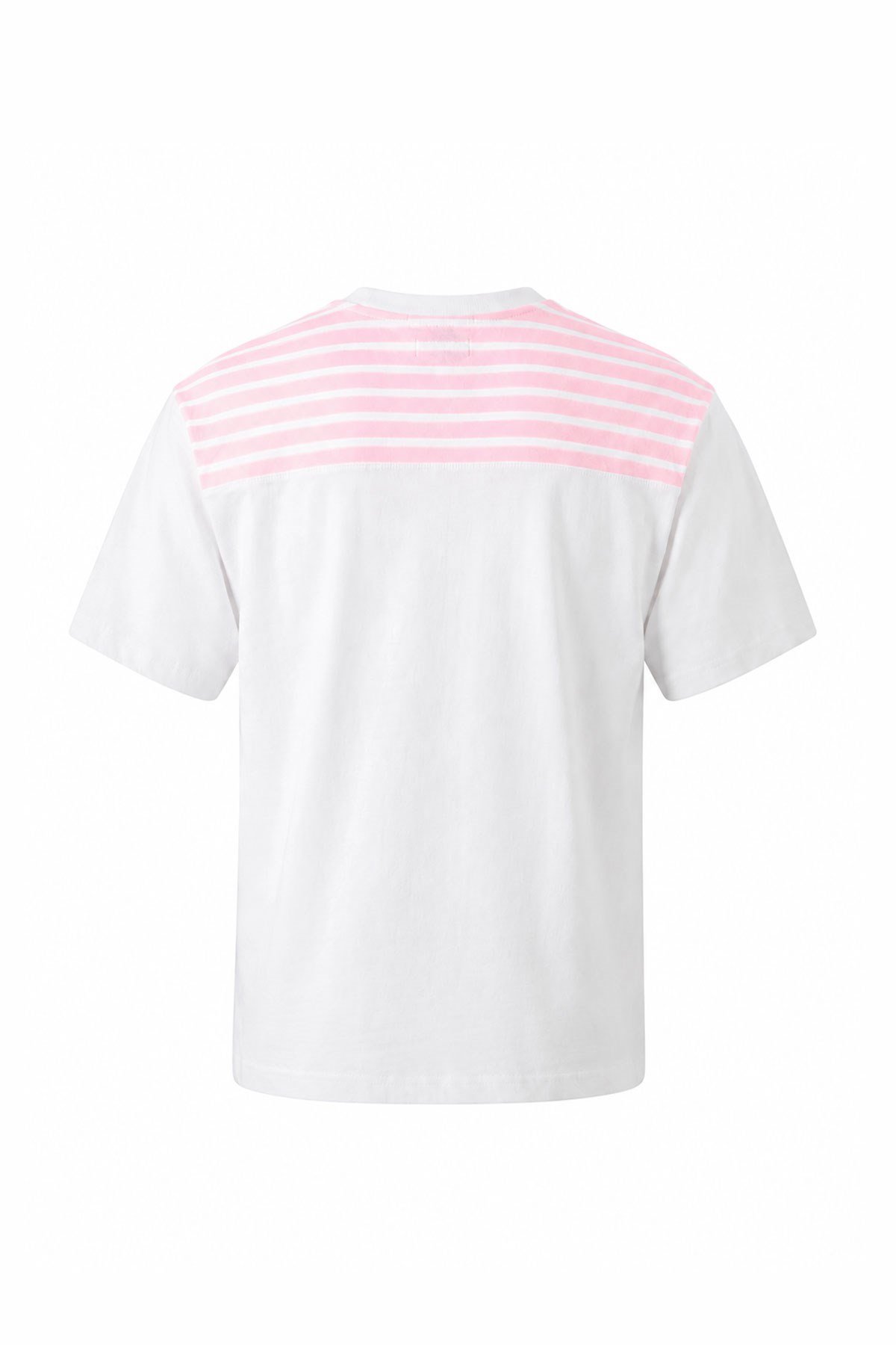 Premium Çizgili Bağlama Detaylı Beyaz-Pembe Tişört- PEMBE