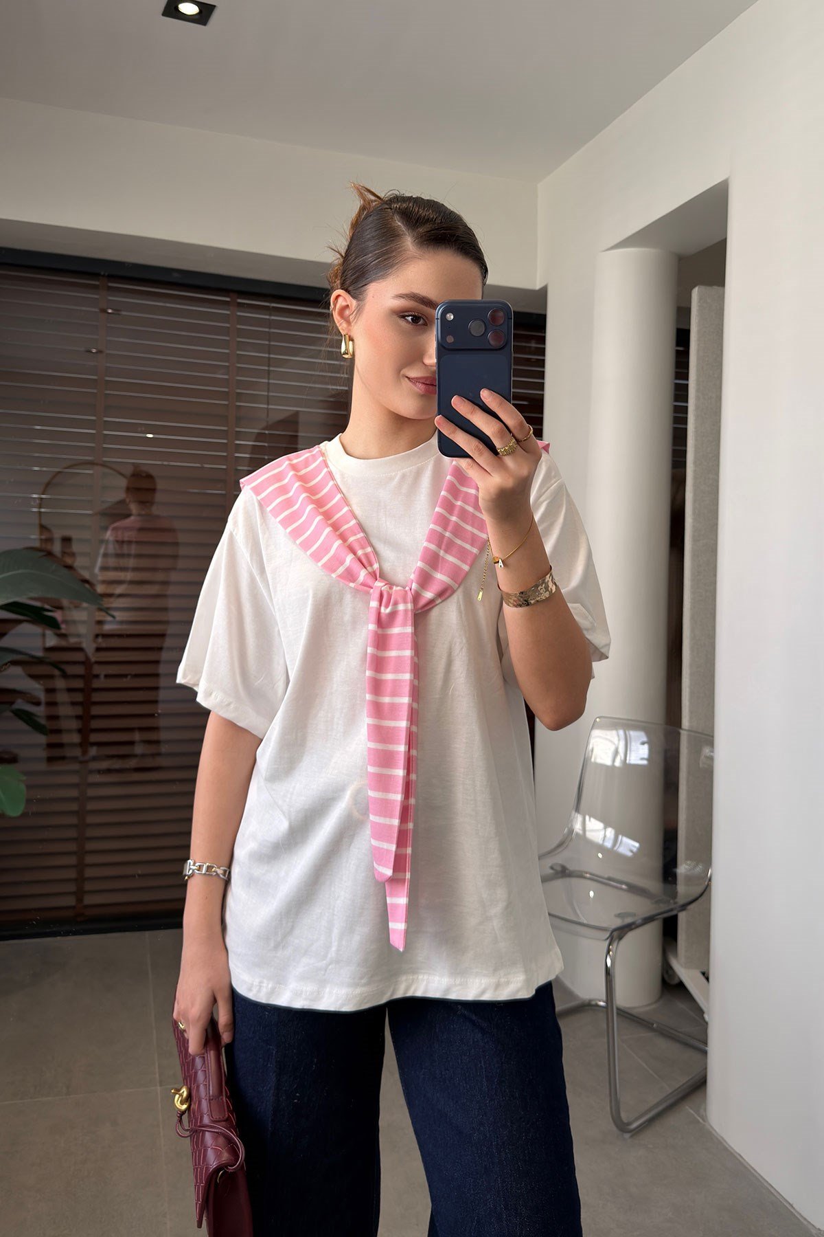 Premium Çizgili Bağlama Detaylı Beyaz-Pembe Tişört- PEMBE