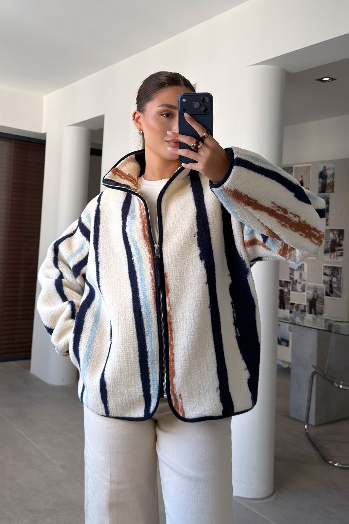 PREMİUM ÇİZGİLİ FERMUARLI POLAR HIRKA- CAMEL