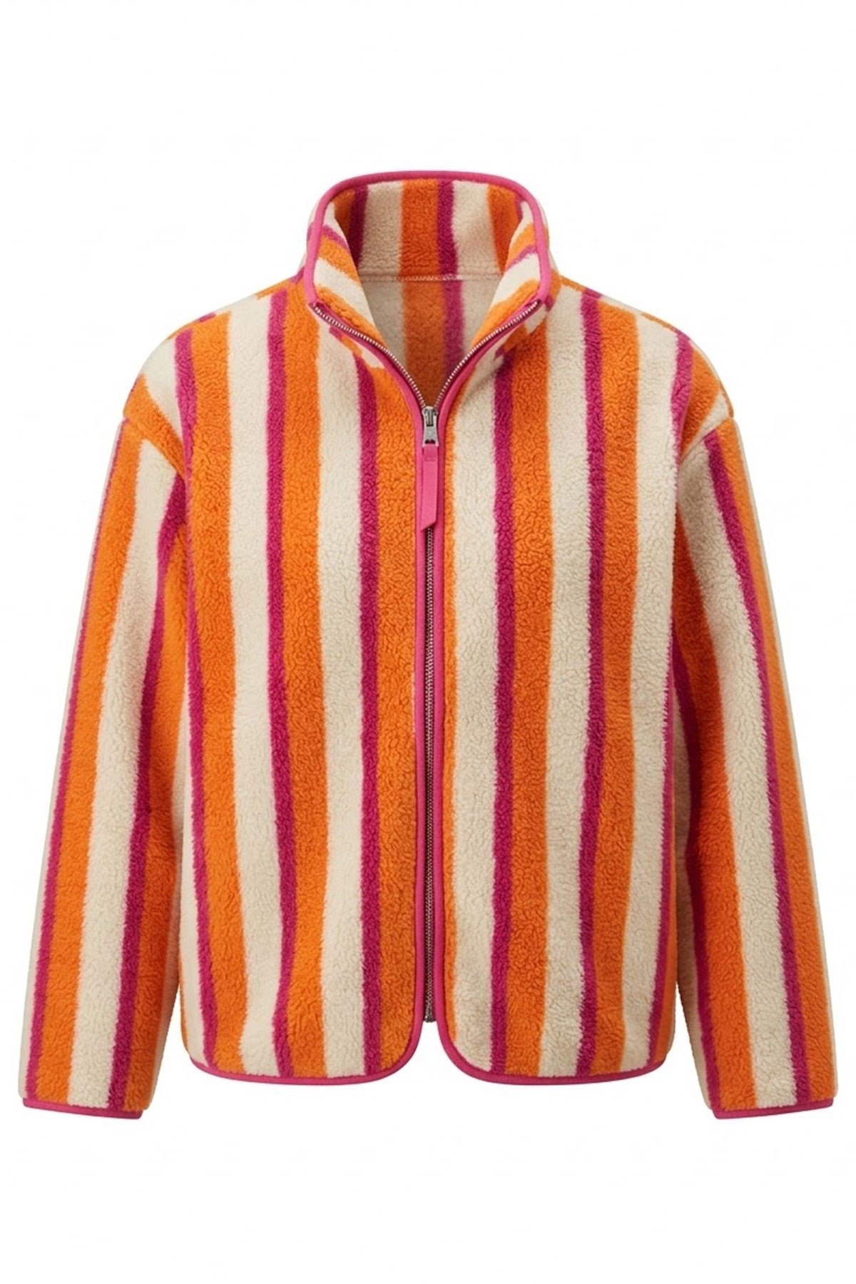 PREMİUM ÇİZGİLİ  FERMUARLI POLAR HIRKA- FUŞYA