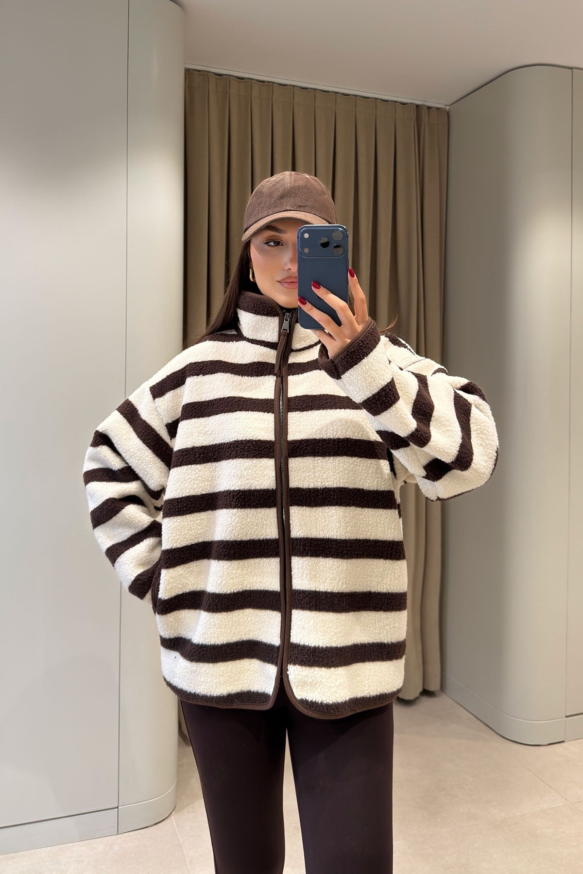 PREMİUM ÇİZGİLİ FERMUARLI POLAR HIRKA- EKRU-KAHVERENGİ