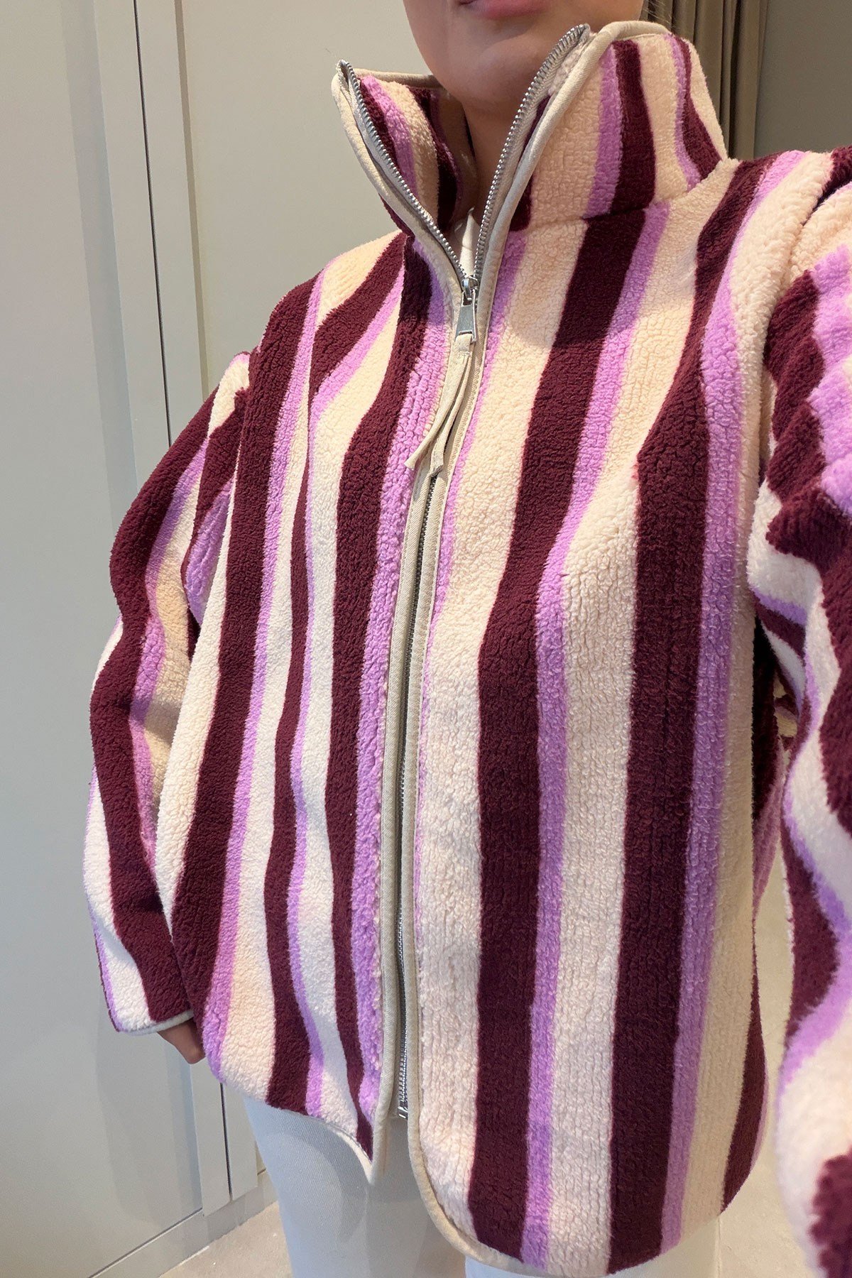 PREMİUM ÇİZGİLİ FERMUARLI POLAR HIRKA- MOR