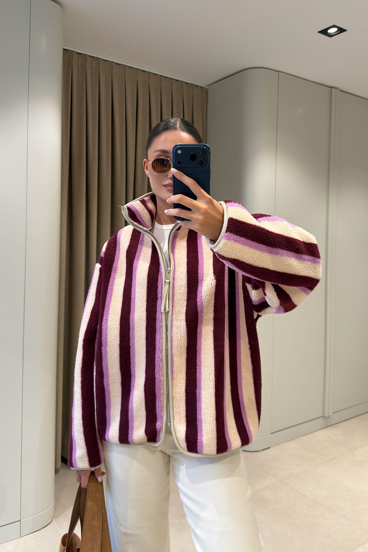 PREMİUM ÇİZGİLİ FERMUARLI POLAR HIRKA- MOR