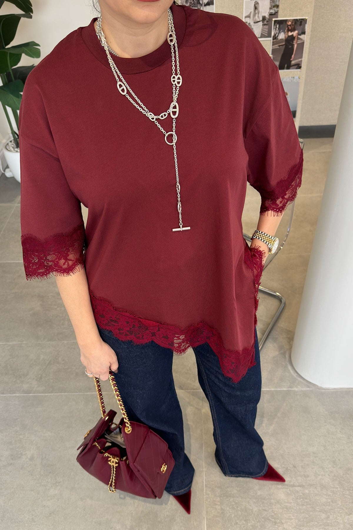 Premium Dantelli Bisiklet Yaka Bluz- BORDO