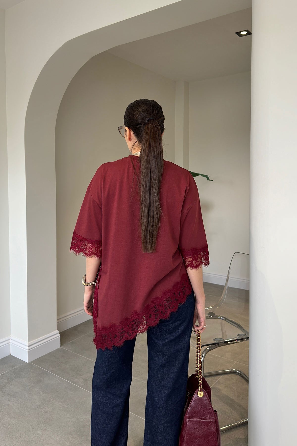 Premium Dantelli Bisiklet Yaka Bluz- BORDO