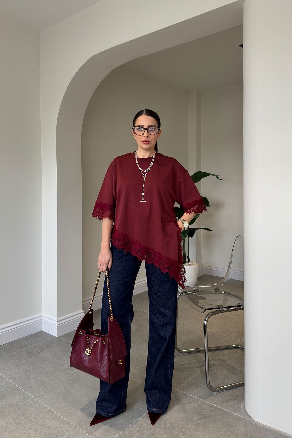 Premium Dantelli Bisiklet Yaka Bluz- BORDO