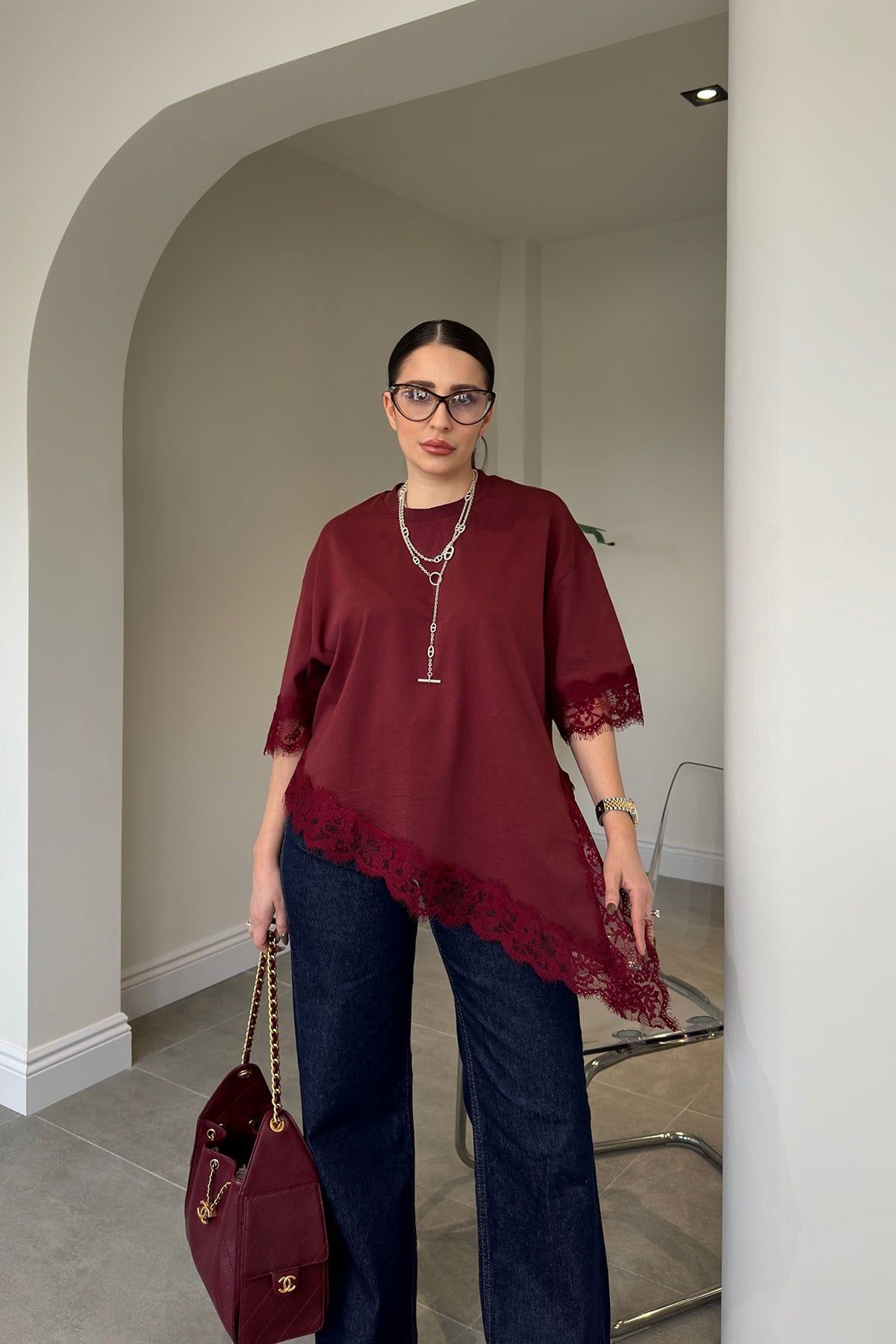 Premium Dantelli Bisiklet Yaka Bluz- BORDO