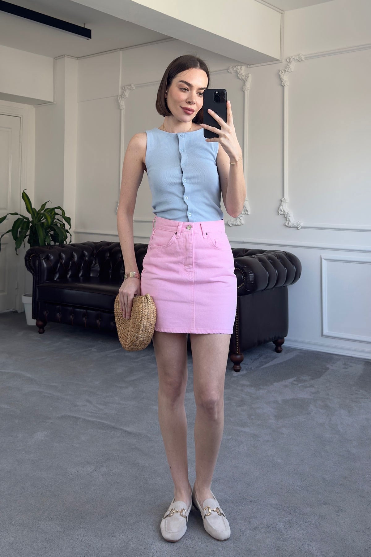 Premium Denim Etek- PEMBE