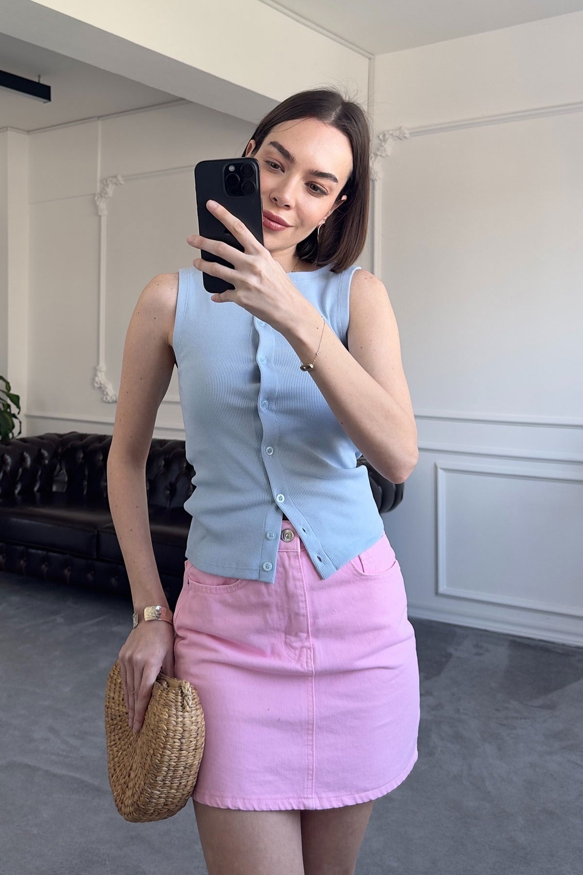 Premium Denim Etek- PEMBE