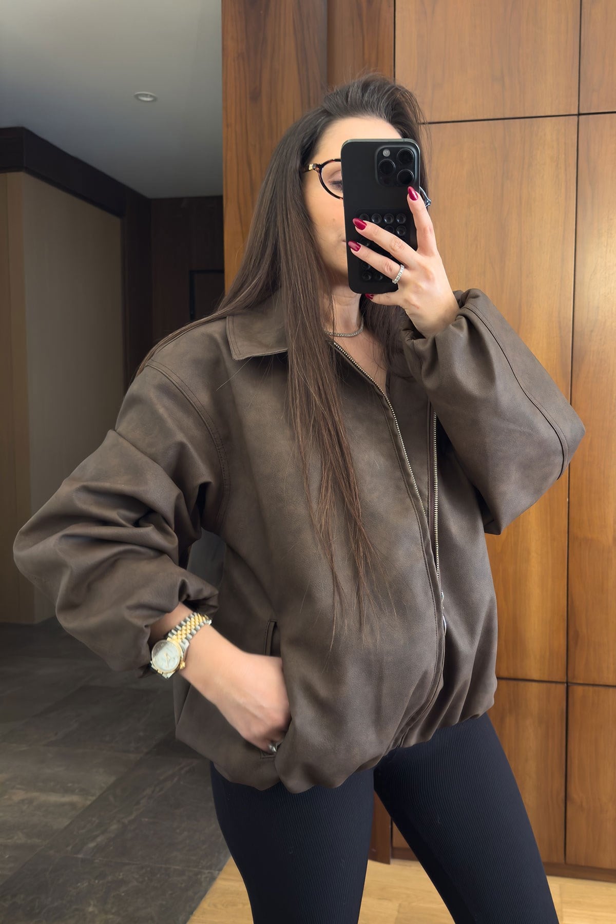 Premium Deri Bomber Ceket- KAHVERENGİ