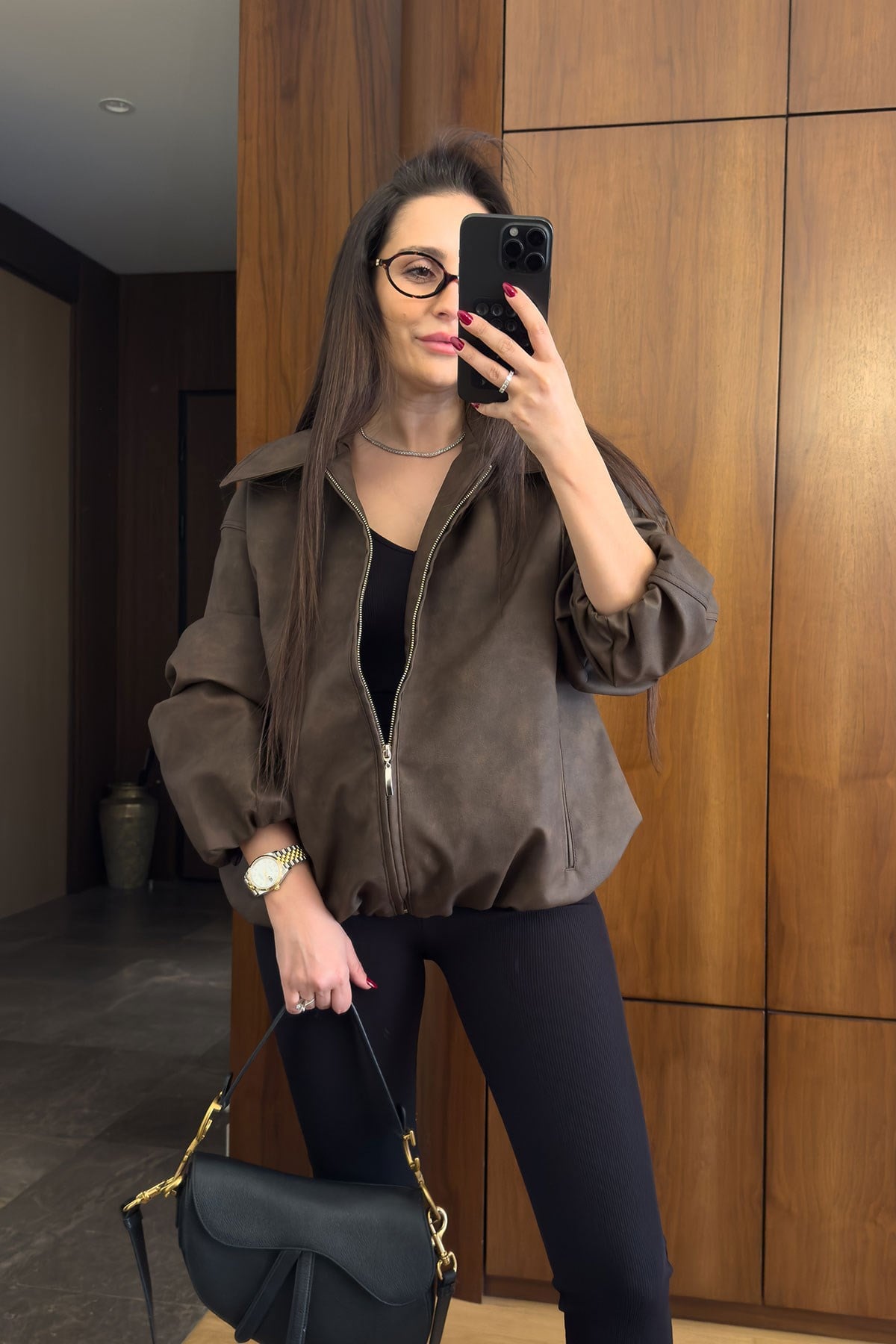 Premium Deri Bomber Ceket- KAHVERENGİ