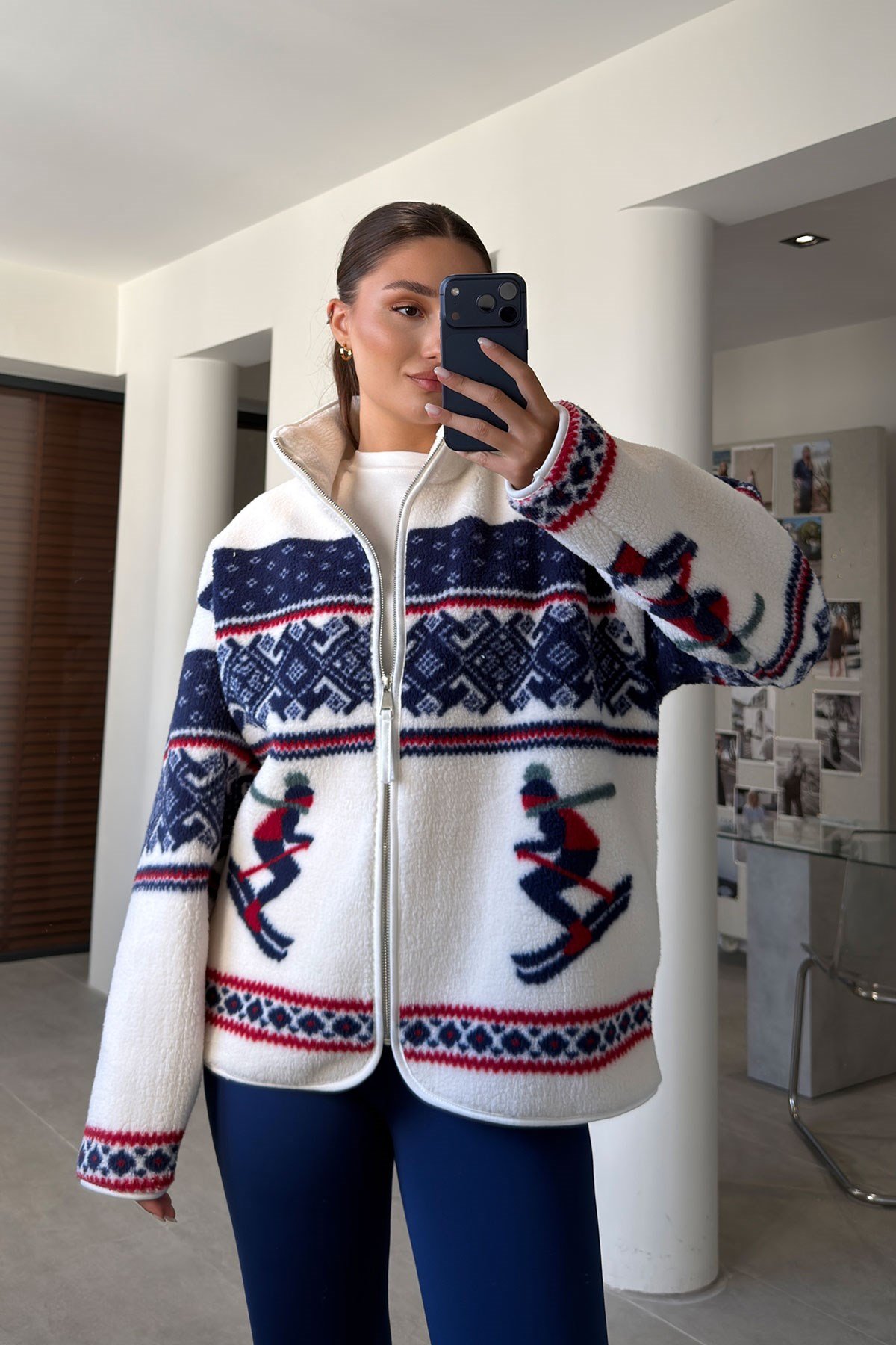 PREMİUM DESENLİ FERMUARLI POLAR HIRKA- KOYU LACİVERT