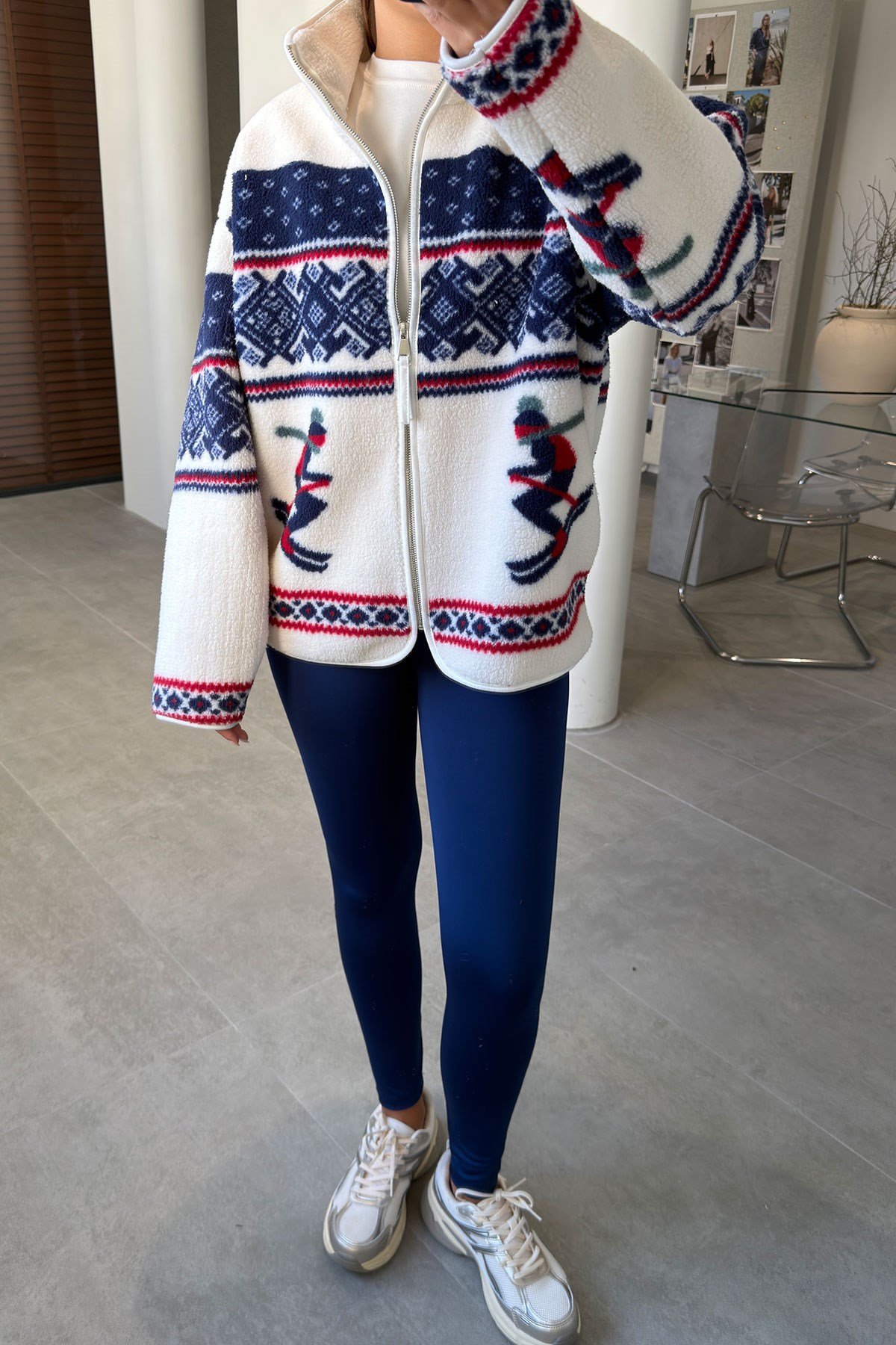 PREMİUM DESENLİ FERMUARLI POLAR HIRKA- KOYU LACİVERT