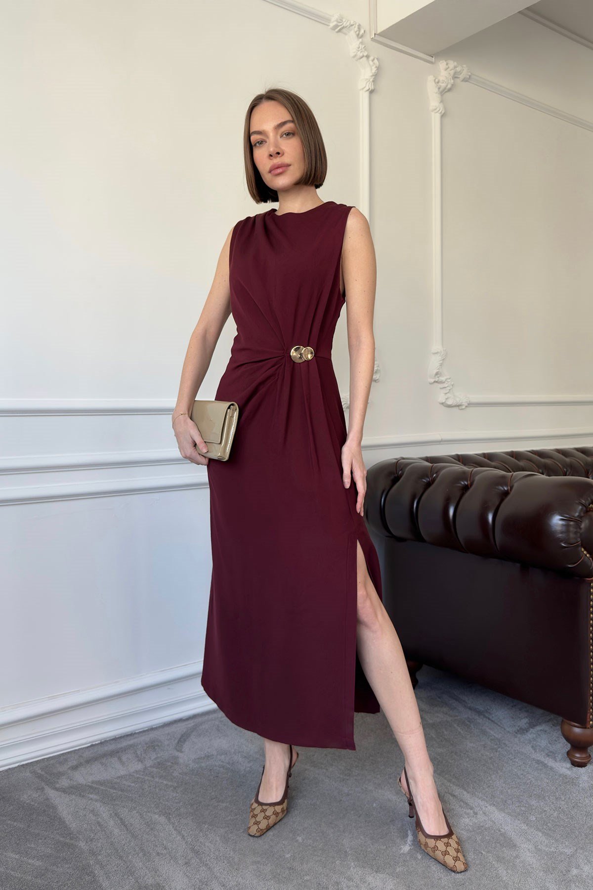 Premium Drapeli Viskon Kolsuz Elbise- BORDO