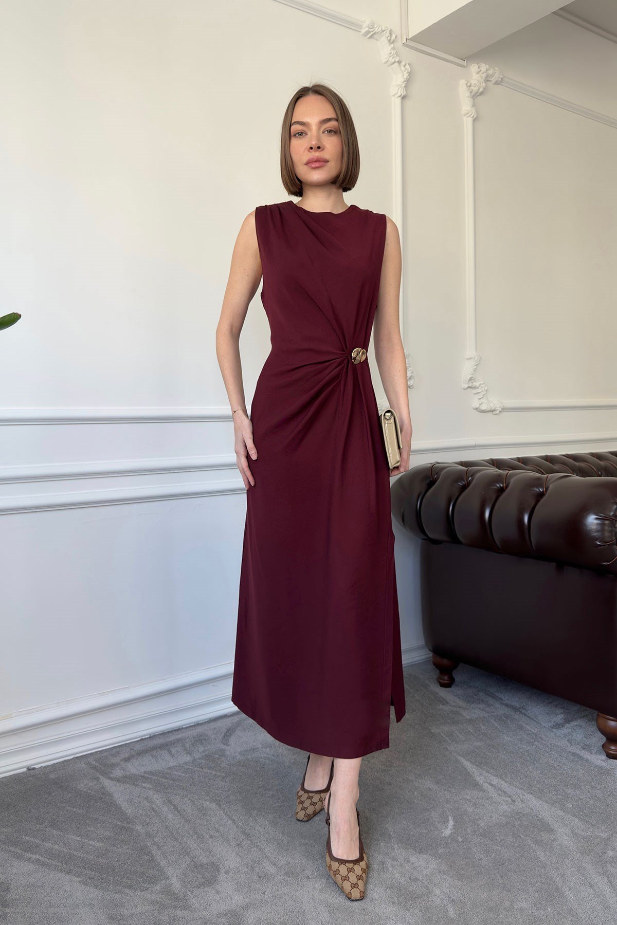 Premium Drapeli Viskon Kolsuz Elbise- BORDO