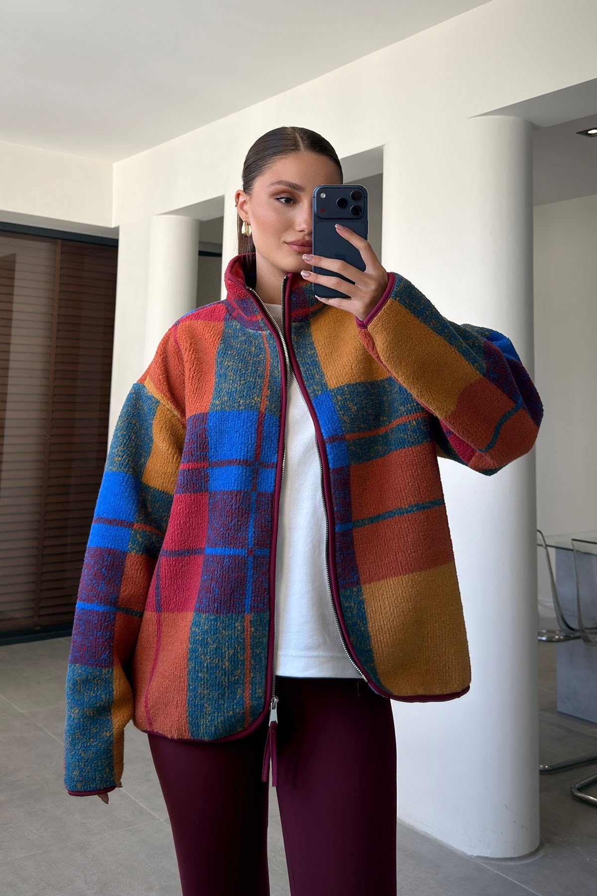 PREMİUM EKOSE DESEN FERMUARLI POLAR- BORDO