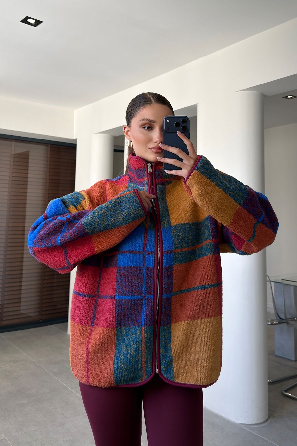 PREMİUM EKOSE DESEN FERMUARLI POLAR- BORDO