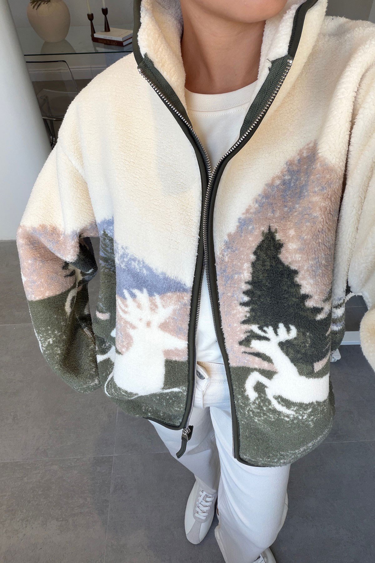 PREMİUM GEYİK DESENLİ FERMUARLI POLAR- YEŞİL
