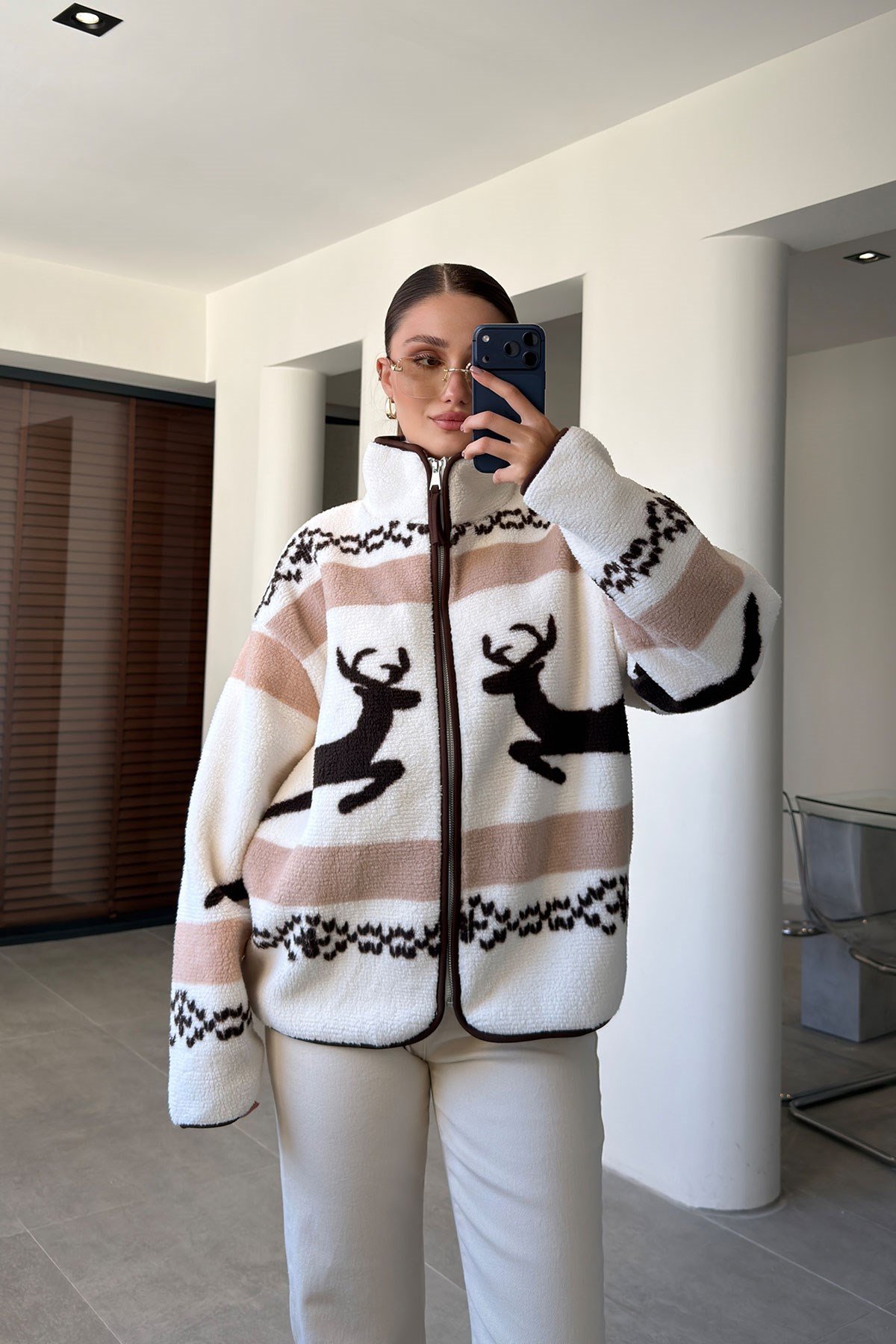 PREMİUM GEYİK DESENLİ FERMUARLI POLAR- KAHVERENGİ