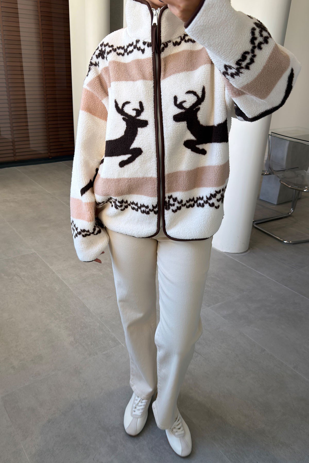 PREMİUM GEYİK DESENLİ FERMUARLI POLAR- KAHVERENGİ