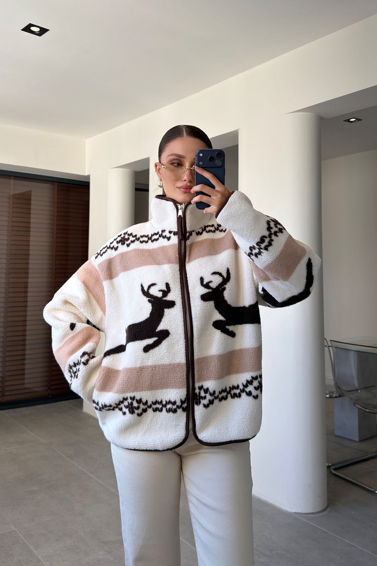 PREMİUM GEYİK DESENLİ FERMUARLI POLAR- KAHVERENGİ