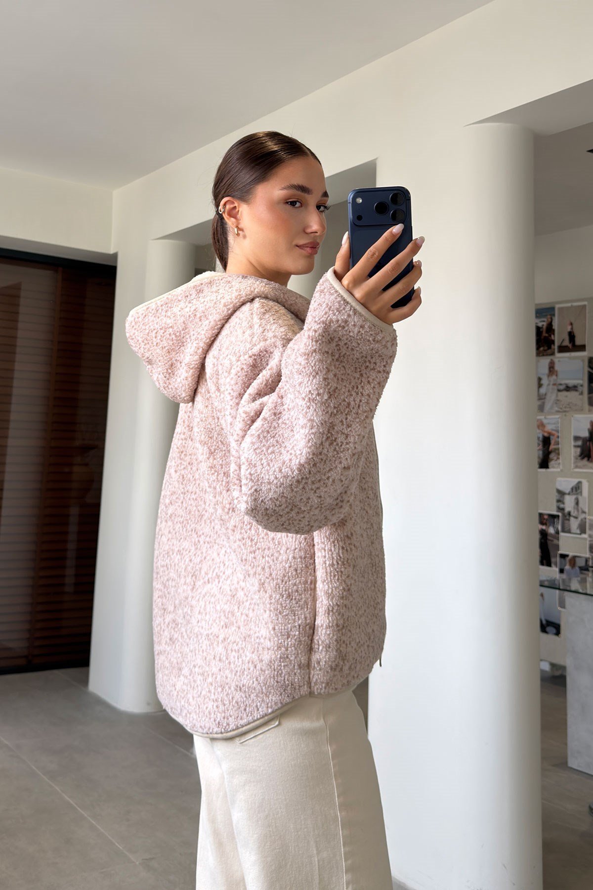 PREMİUM KAPÜŞONLU FERMUARLI POLAR HIRKA- BEJ