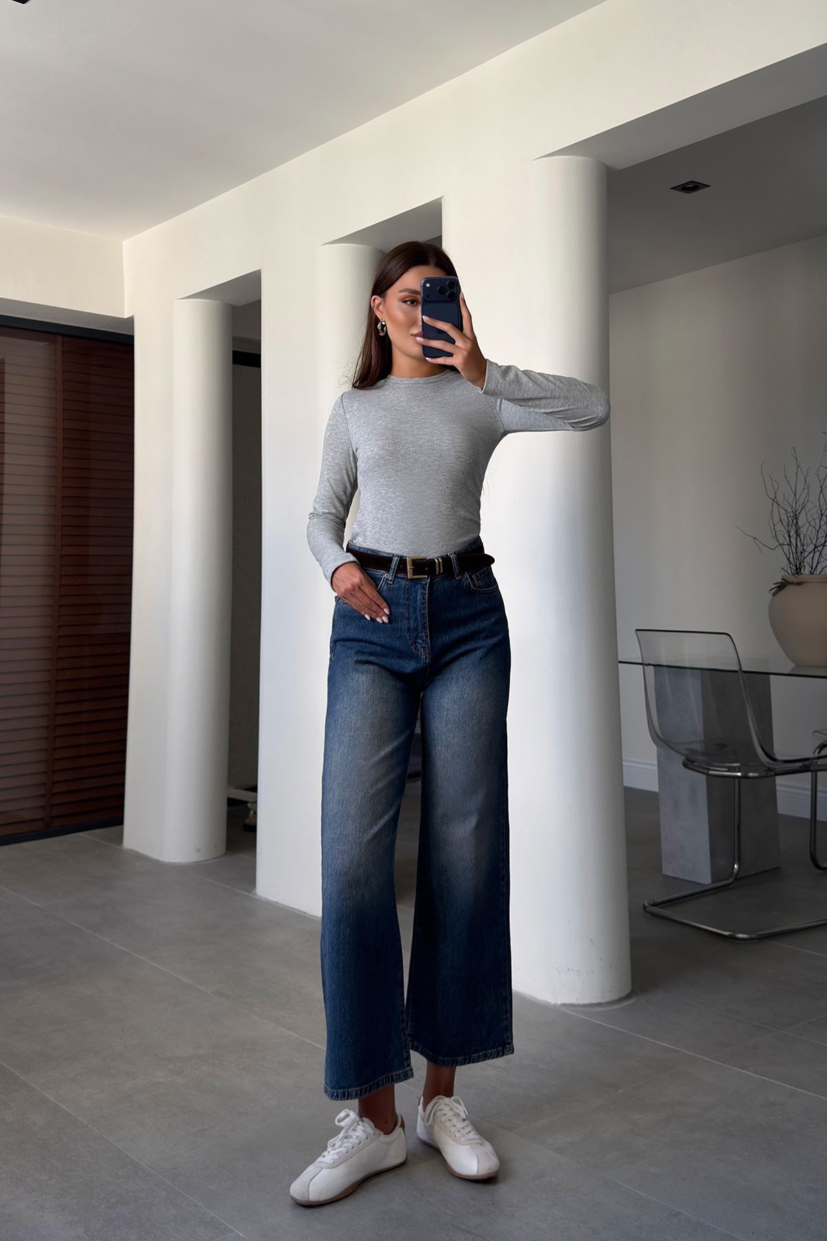 Premium Kemerli Flare Jean- KOYU MAVİ