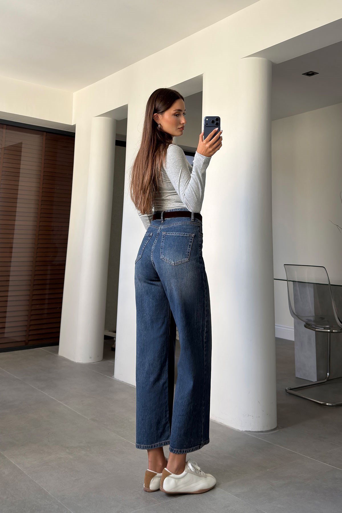 Premium Kemerli Flare Jean- KOYU MAVİ