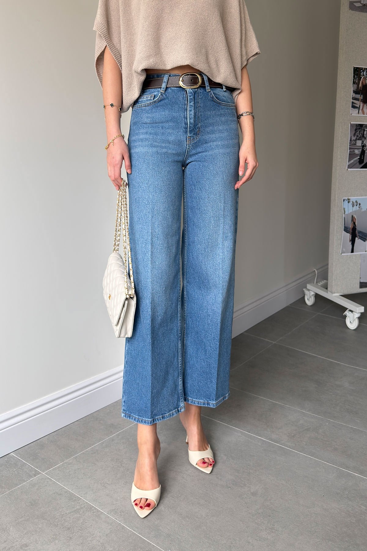 Premium Kemerli Flare Jean- MAVİ