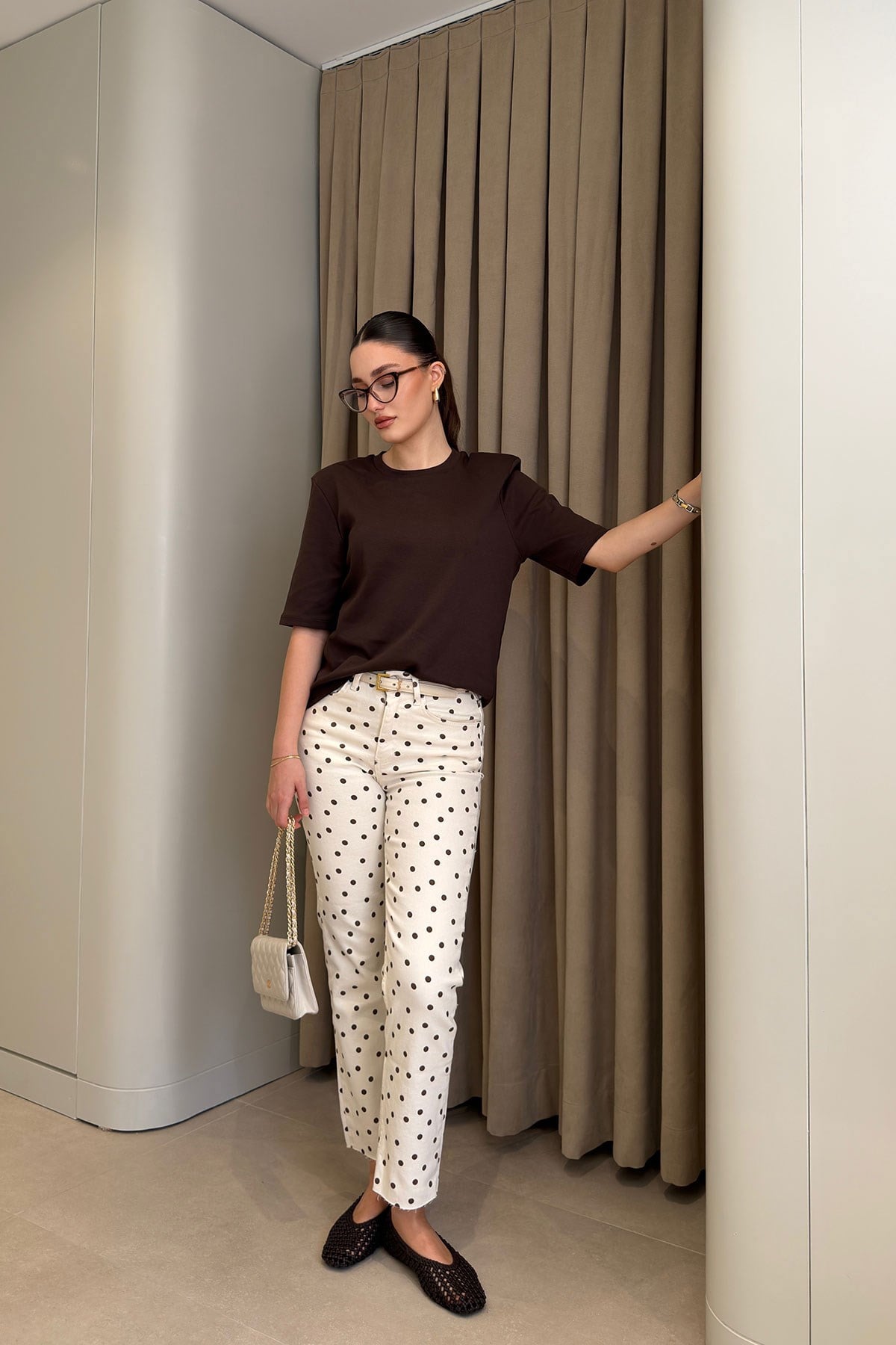 Premium Kesik Paça Puantiyeli Jean- BEYAZ