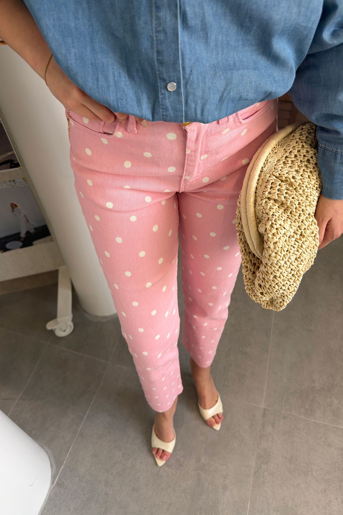 Premium Kesik Paça Puantiyeli Jean- PEMBE