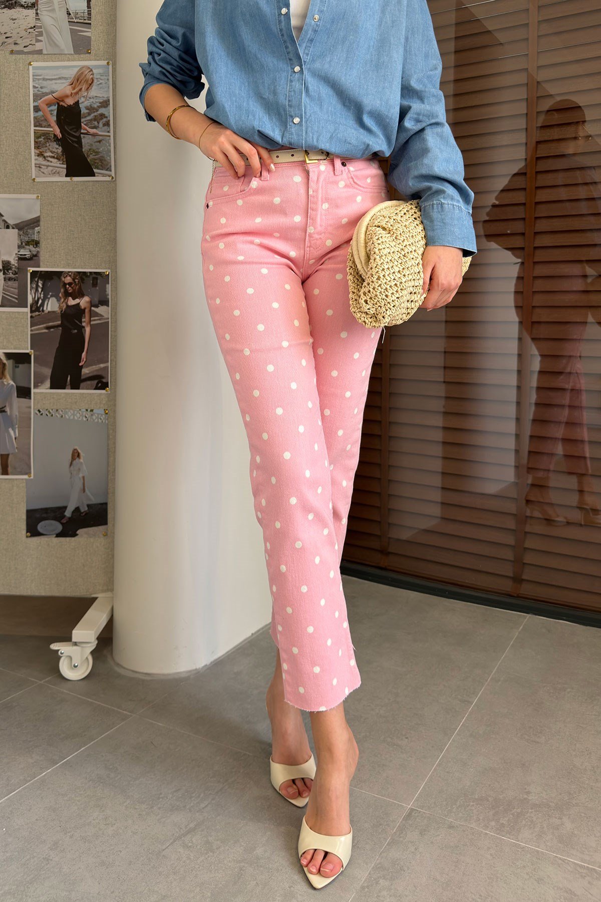 Premium Kesik Paça Puantiyeli Jean- PEMBE