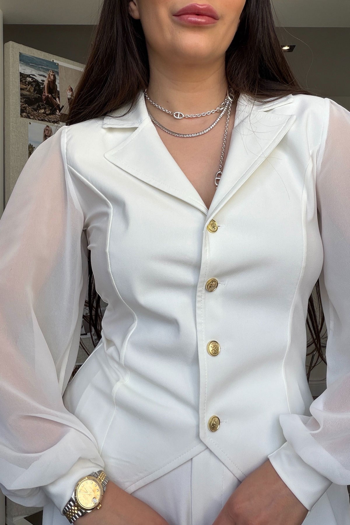 Premium Kolları Tül Detaylı Bluz- BEYAZ