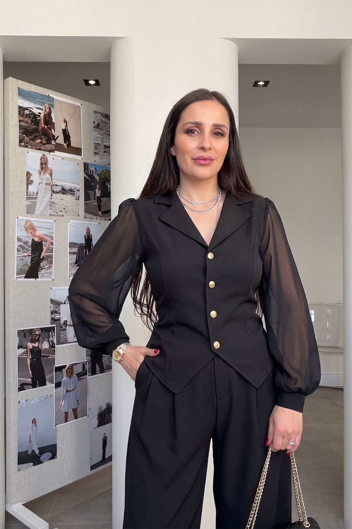 Premium Kolları Tül Detaylı Bluz- SİYAH